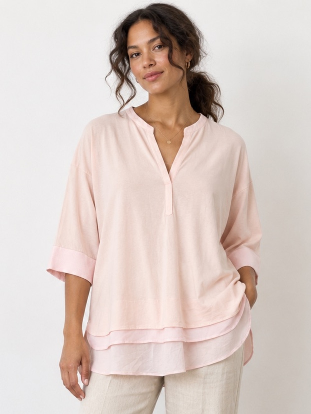 OUI Blush Pink Cotton V-Neck Tunic Blouse Size 14